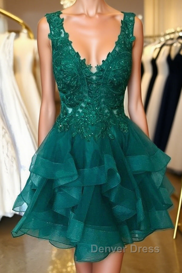 V Neck Short Green Lace Prom Dresses, Short Green Lace Graduation Homecoming Dresses Main image