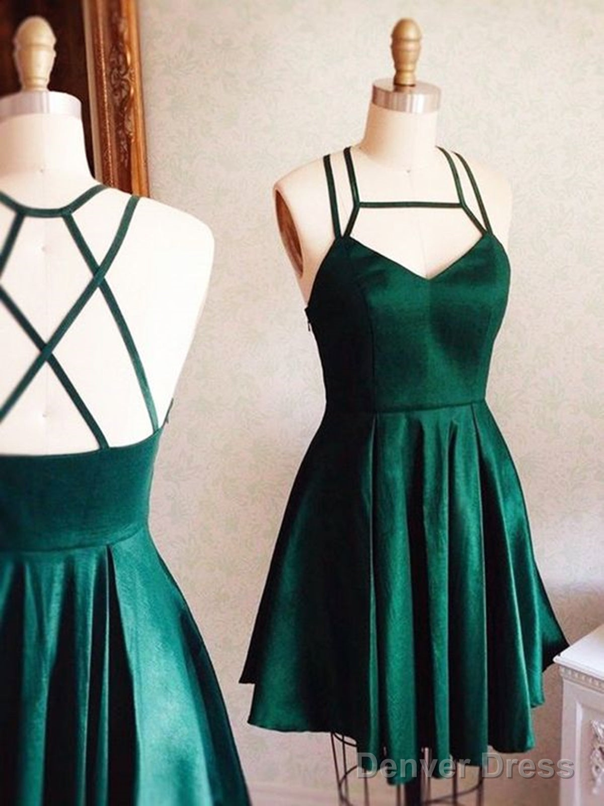 V Neck Short Green Prom Dress With Cross Back, Short Green Corss Back Formal Homecoming Dress Main image