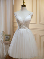 V Neck Short Ivory Lace Prom Dress, Short Ivory Lace Prom Homecoming Dresses