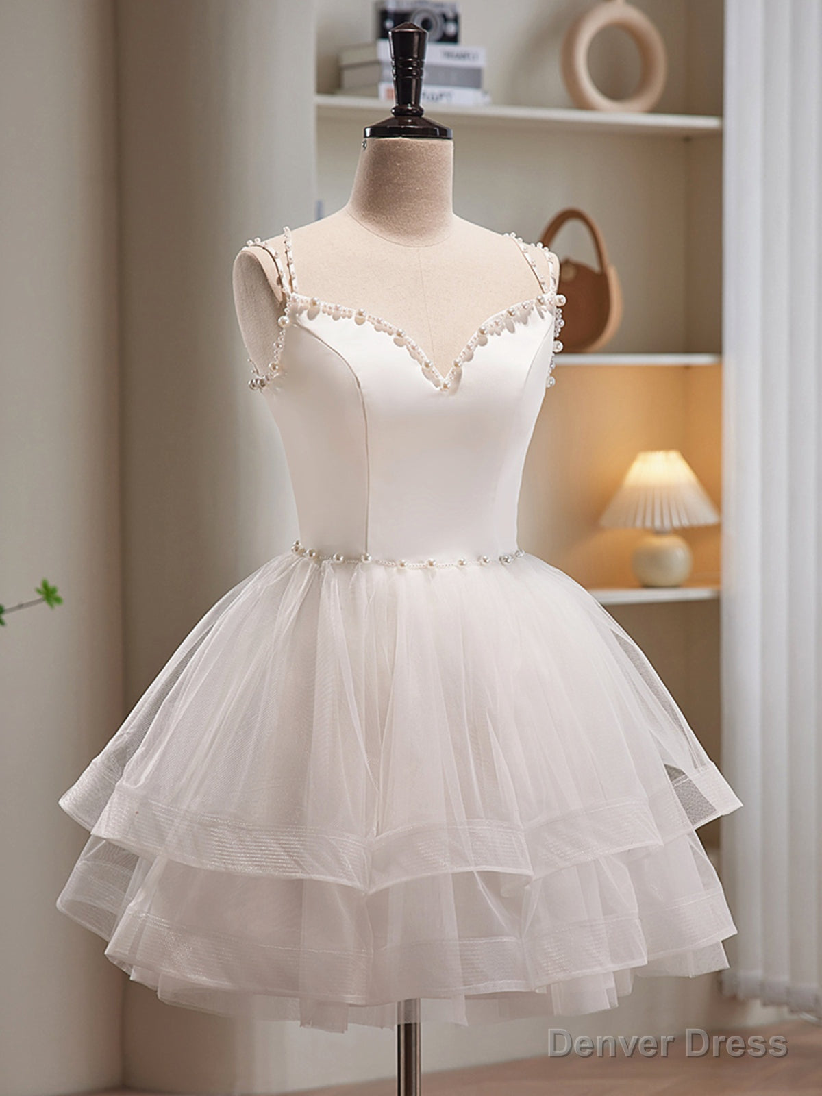 V Neck Short Ivory Layered Prom Dress, Short Ivory Graduation Homecoming Dresses