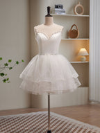 V Neck Short Ivory Layered Prom Dress, Short Ivory Graduation Homecoming Dresses