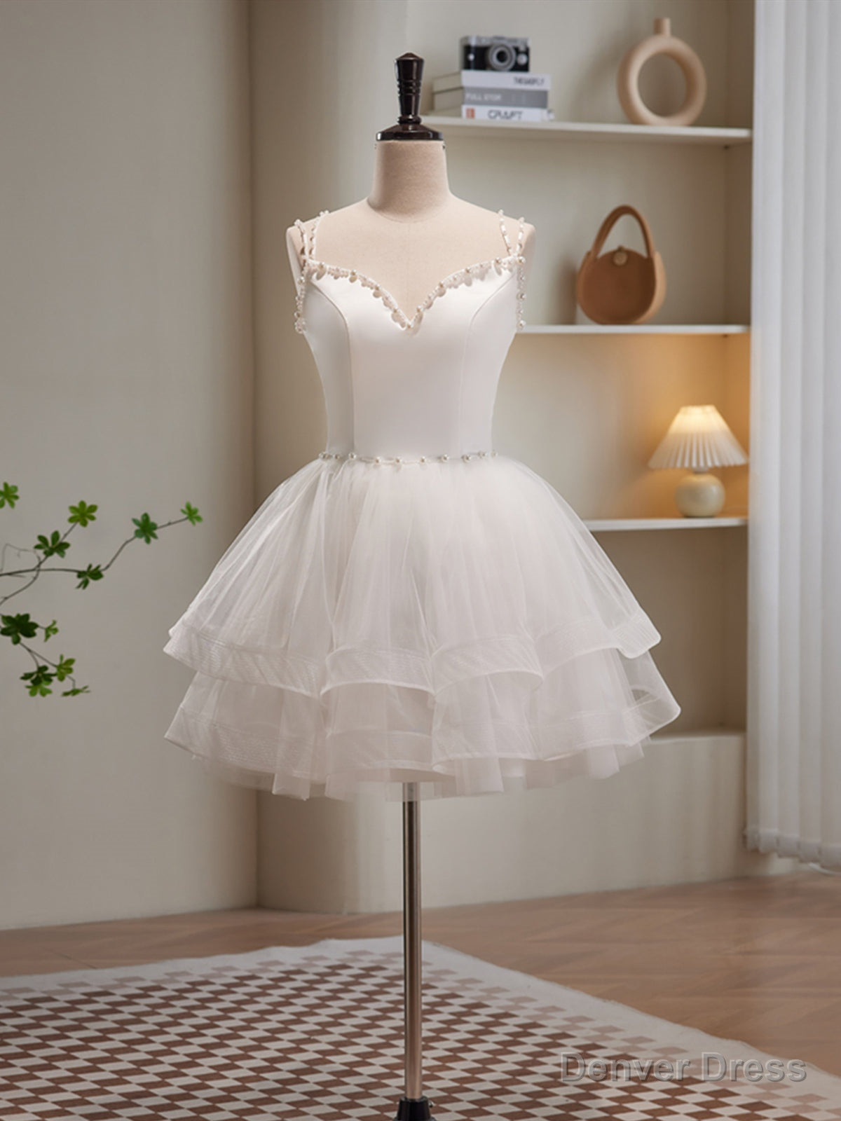 V Neck Short Ivory Layered Prom Dress, Short Ivory Graduation Homecoming Dresses