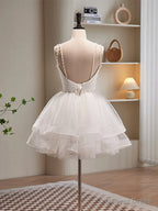 V Neck Short Ivory Layered Prom Dress, Short Ivory Graduation Homecoming Dresses