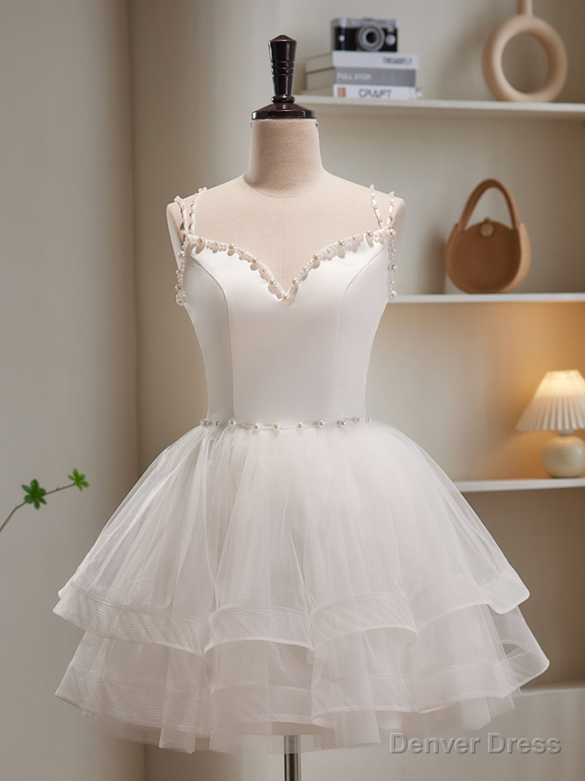 V Neck Short Ivory Layered Prom Dress, Short Ivory Graduation Homecoming Dresses