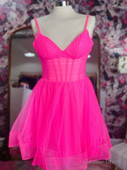 V Neck Short Pink Black Prom Dress, Short V Neck Prom Homecoming Dresses