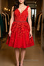 V Neck Short Red Lace Prom Dress with Beadings, Short Red Lace Prom Graduation Homecoming Dresses