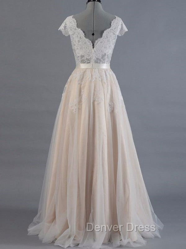 V Neck Short Sleeves Wedding Dresses Lace Applique Floor Length Tulle Bridal Gowns