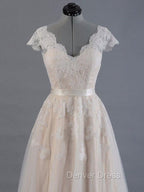 V Neck Short Sleeves Wedding Dresses Lace Applique Floor Length Tulle Bridal Gowns