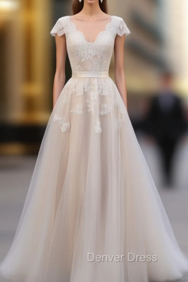 V Neck Short Sleeves Wedding Dresses Lace Applique Floor Length Tulle Bridal Gown Main image