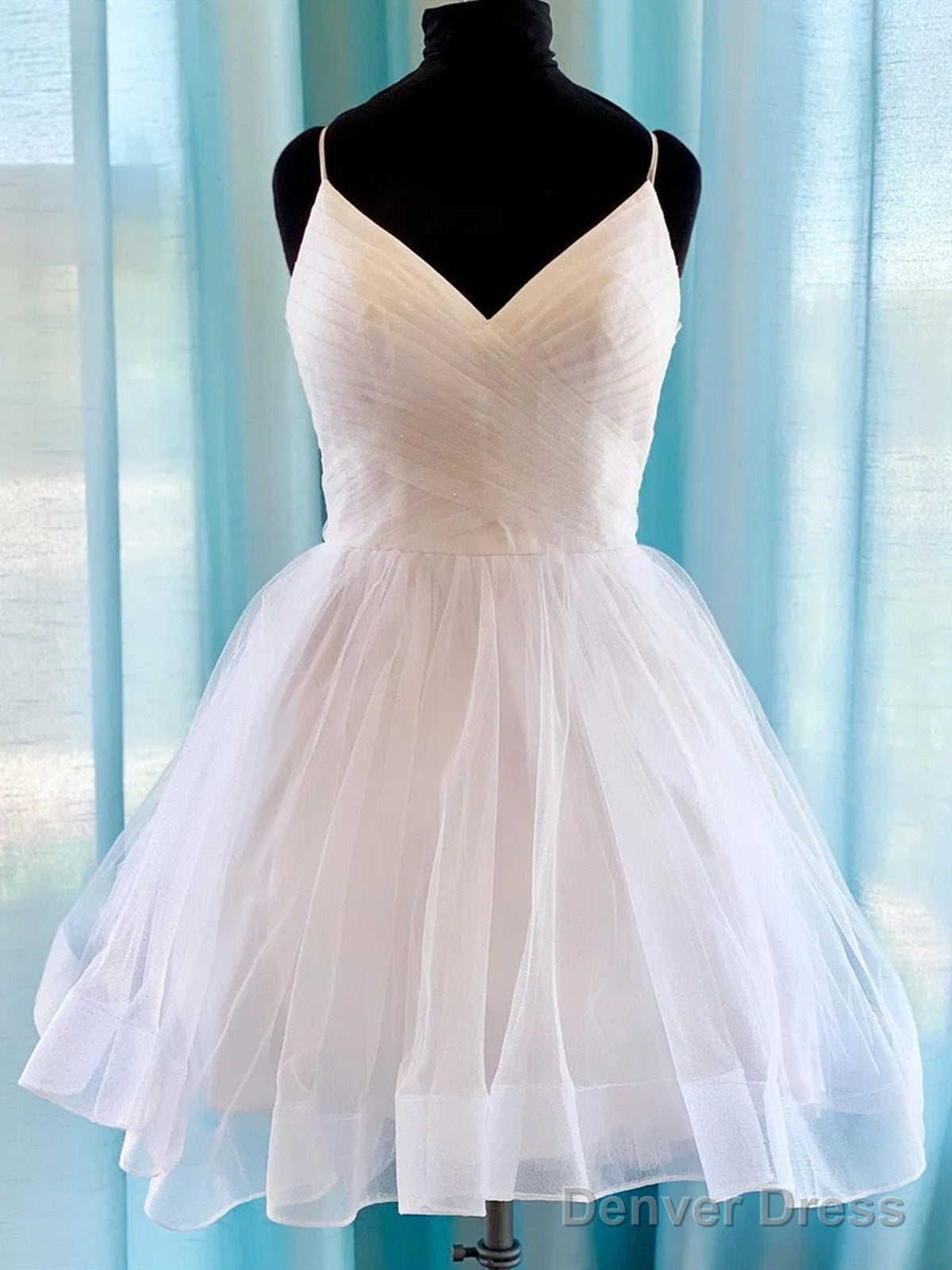 V Neck Short Tulle Prom Dress, Short Blue White Tulle Prom Homecoming Dresses Main image