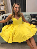 V Neck Short Yellow Prom Dress, Short Yellow V Neck Graduation Homecoming Dresses