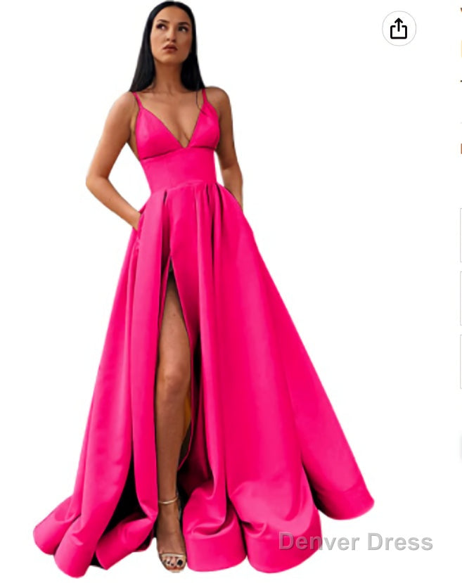 V Neck Slit Satin Long Prom Dresses Spaghetti Strap Prom Ball Gowns with Pockets