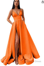 V Neck Slit Satin Long Prom Dresses Spaghetti Strap Prom Ball Gowns with Pockets