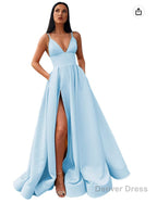 V Neck Slit Satin Long Prom Dresses Spaghetti Strap Prom Ball Gowns with Pockets