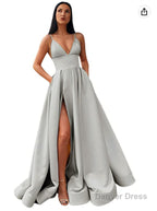 V Neck Slit Satin Long Prom Dresses Spaghetti Strap Prom Ball Gowns with Pockets