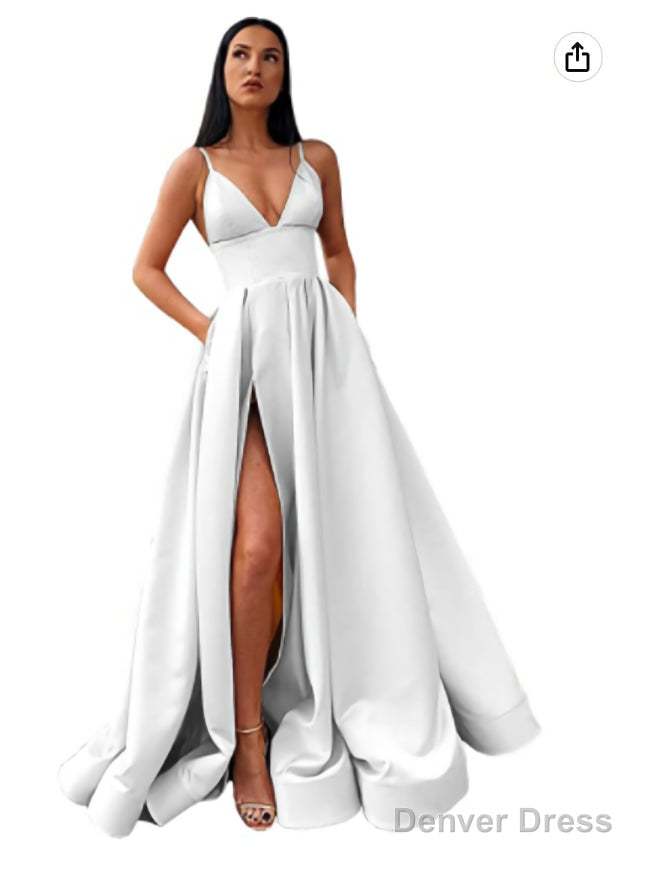 V Neck Slit Satin Long Prom Dresses Spaghetti Strap Prom Ball Gowns with Pockets