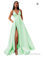 V Neck Slit Satin Long Prom Dresses Spaghetti Strap Prom Ball Gowns with Pockets
