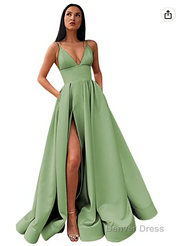 V Neck Slit Satin Long Prom Dresses Spaghetti Strap Prom Ball Gowns with Pockets