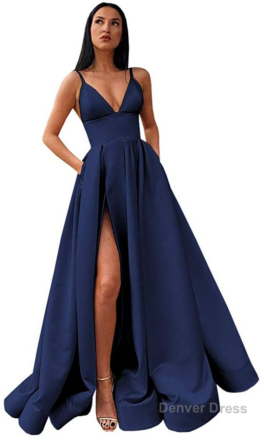 V Neck Slit Satin Long Prom Dresses Spaghetti Strap Prom Ball Gowns with Pockets