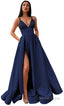 V Neck Slit Satin Long Prom Dresses Spaghetti Strap Prom Ball Gowns with Pockets
