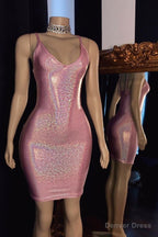 V Neck Spaghetti Shinning Mini Homecoming Dresses