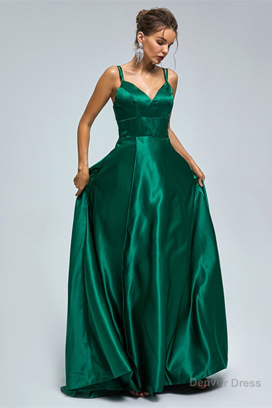 V Neck Spaghetti Strap with Pocket Side Slit Special Long Prom Dresses
