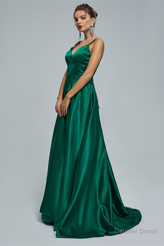 V Neck Spaghetti Strap with Pocket Side Slit Special Long Prom Dresses