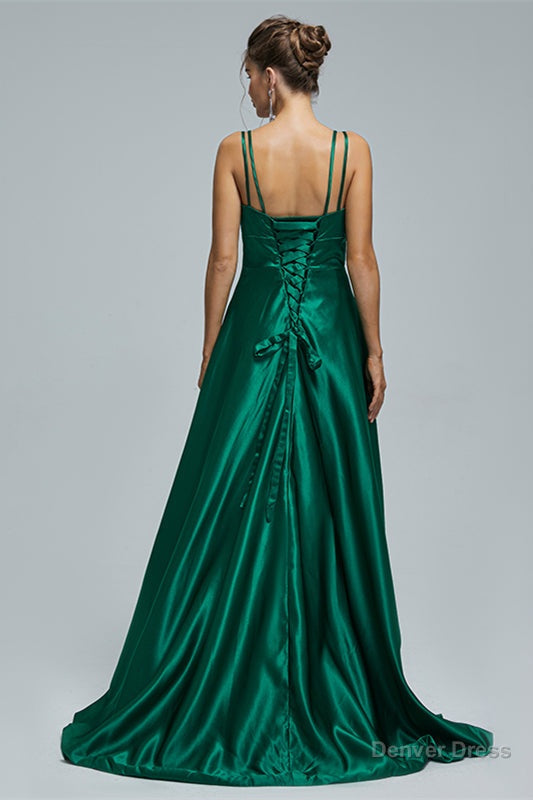 V Neck Spaghetti Strap with Pocket Side Slit Special Long Prom Dresses