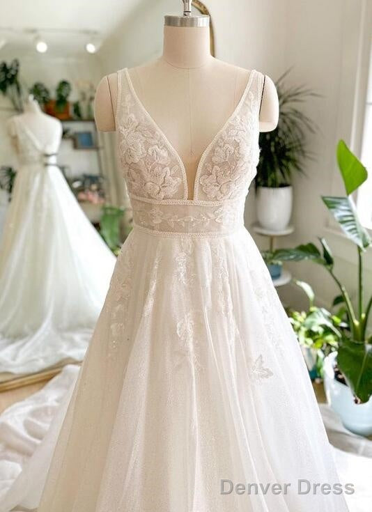 V Neck Sparkly Tulle Wedding Dresses With Appliques Secondary image