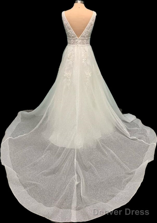 V-Neck Sparkly Tulle Wedding Dress With Appliques
