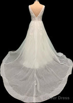 V Neck Sparkly Tulle Wedding Dresses With Appliques