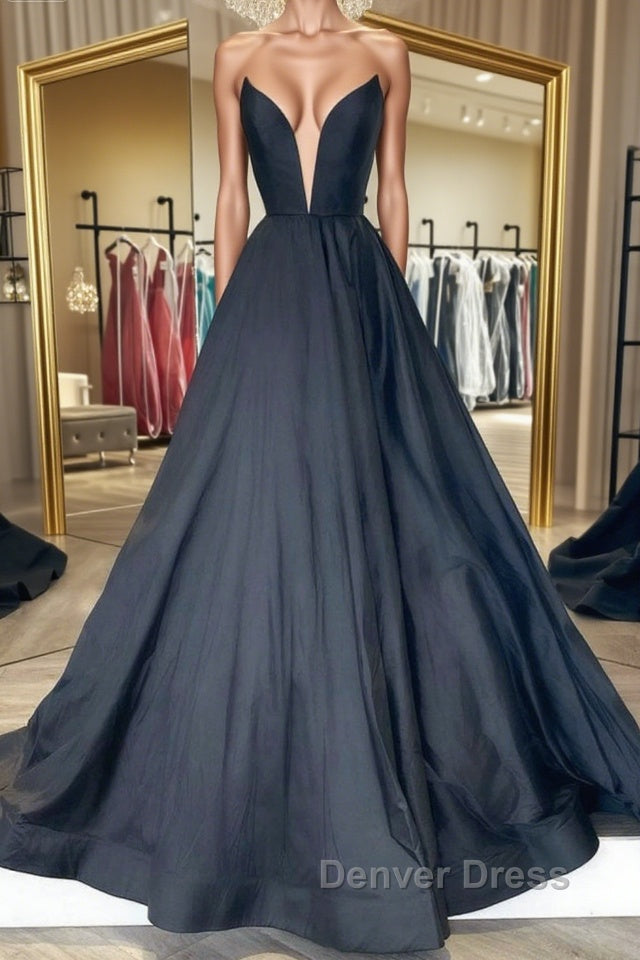 V Neck Strapless Black Satin Long Prom Dress, Strapless Black Prom Dress, Long Black Prom Dresses Main image