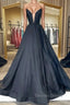 V Neck Strapless Black Satin Long Prom Dress, Strapless Black Prom Dress, Long Black Prom Dresses