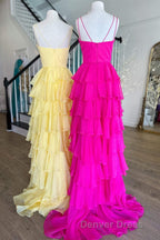 V Neck Straps Fuchsia Ruffle Chiffon Prom Dresses with Slit