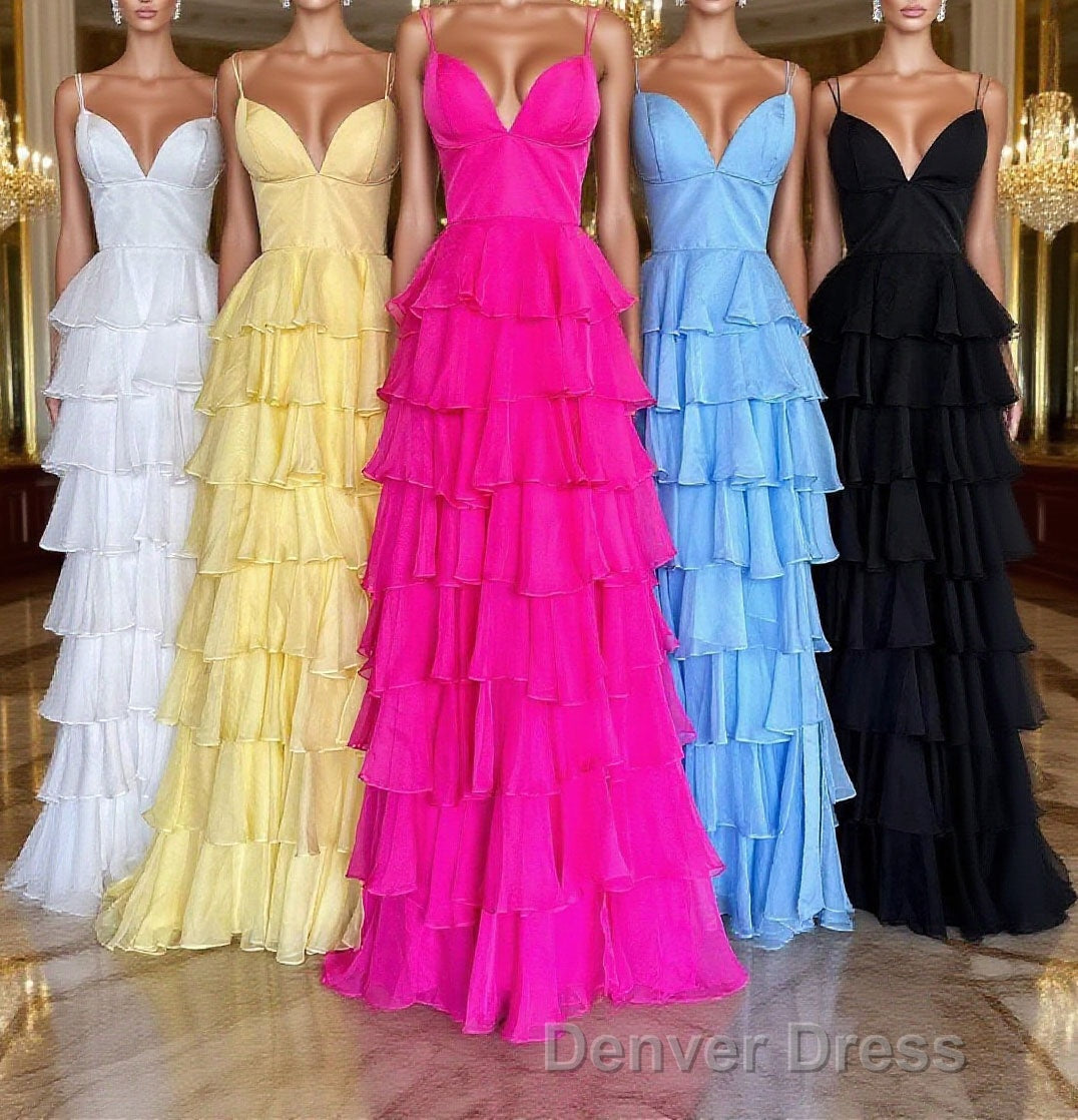 V Neck Straps Fuchsia Ruffle Chiffon Prom Dresses with Slit