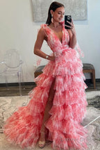 V Neck Tie Straps Red Floral Print Layered Long Prom Dresses