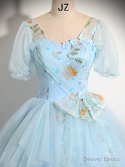 V Neck Tulle Lace Blue Long Prom Dress, A-Line Blue Lace Long Sweet 16 Dress