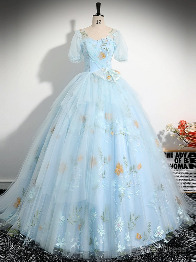 V Neck Tulle Lace Blue Long Prom Dress, A Line Blue Lace Long Sweet 16 Dresses