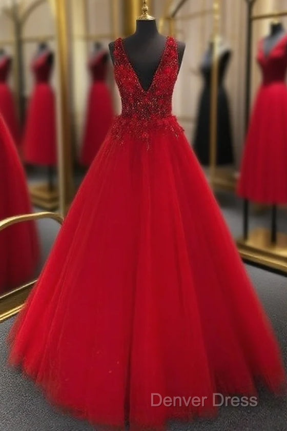 V-Neck Tulle Long Prom Dresses With Appliques And Beading,Prom Dresses,Pageant Dresses