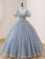 V Neck Tulle Sequin Gray Blue Long Prom Dress, Gray Blue Prom Sweet 16 Dresses