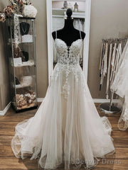 V Neck White Lace Wedding Dresses, V Neck White Lace Formal Prom Dresses