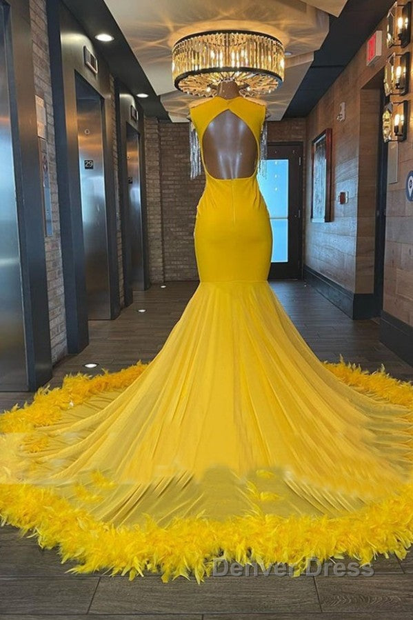 V Neck Yellow Feather Trumpet Mermaid Prom Dresses Secondary image