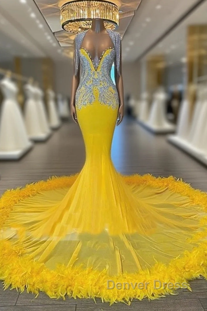 V Neck Yellow Feather Trumpet Mermaid Prom Dresses Main image