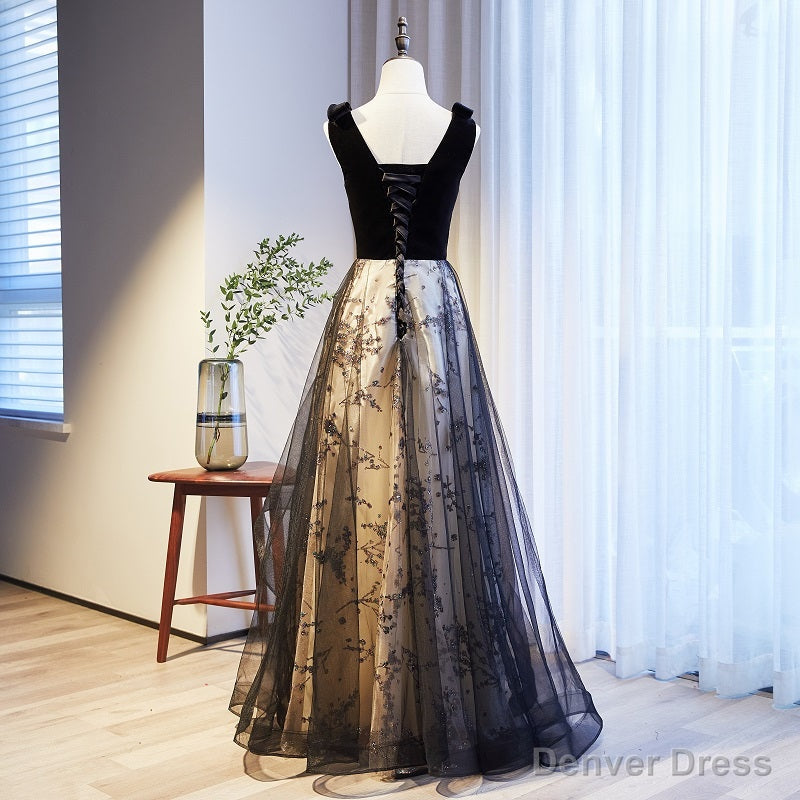 V-neckline Black Tulle with Velvet Top Long Evening Dress Party Dress, A-line Wedding Party Dress