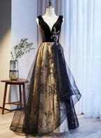V Neckline Black Tulle with Velvet Top Long Prom Dress Prom Dress, A Line Wedding Prom Dresses