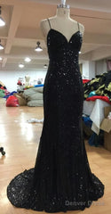 V Neckline Criss-Cross Backless Bling Bling Mermaid Prom Dress Black Sequins Evening Dresses