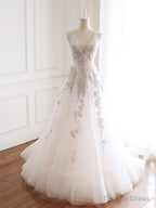 V Neckline Lace Applique Floor Length Prom Dress, Charming White Floral Prom Dresses