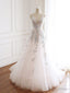 V Neckline Lace Applique Floor Length Prom Dress, Charming White Floral Prom Dresses