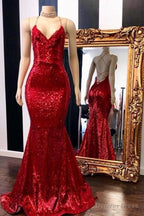 Long Sequin Red Prom Dresses Mermaid Sleeveless Prom Gowns
