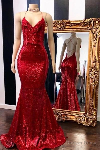 Long Sequin Red Prom Dresses Mermaid Sleeveless Prom Gowns